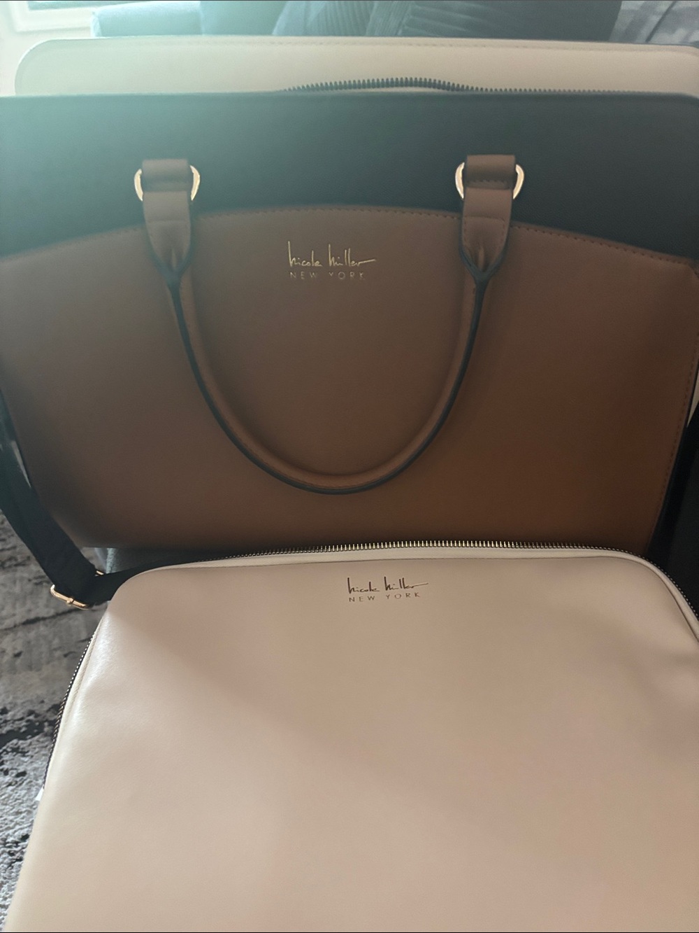 Nicole Miller Two-Piece Tote and Pouch in Brown and Cream